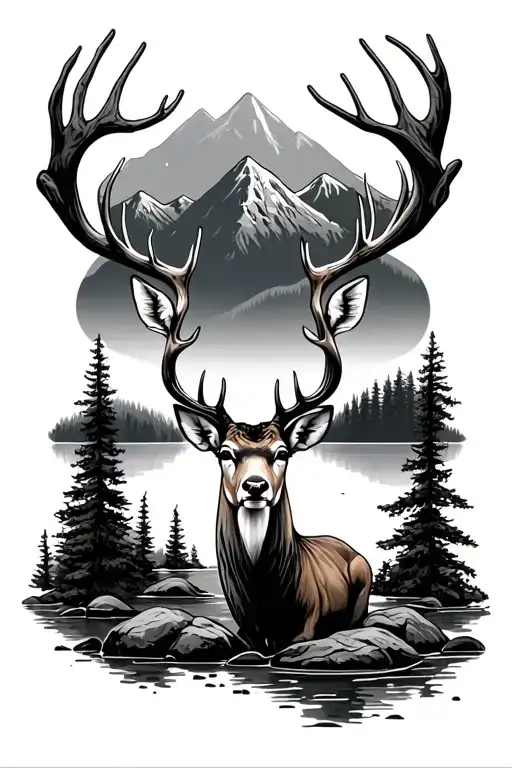 A Deer In The Woods By A Lake And Mountains