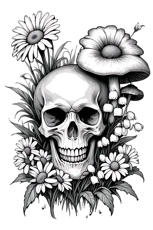 Skull Rotting Flowers Daisies And Lilly Of The Valley Mushrooms Growing