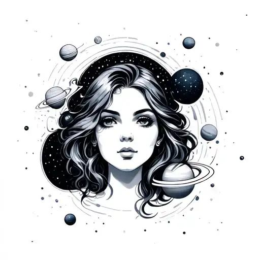 A Feminine Face In Outer Space With Planets Circling Her Head