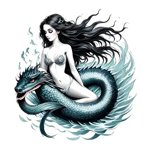 Mermaid Riding A Sea Serpent She Is Holding