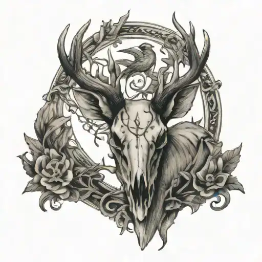 Black And Grey Deer Skull With Antlers And Birds Sitting On The Antlers