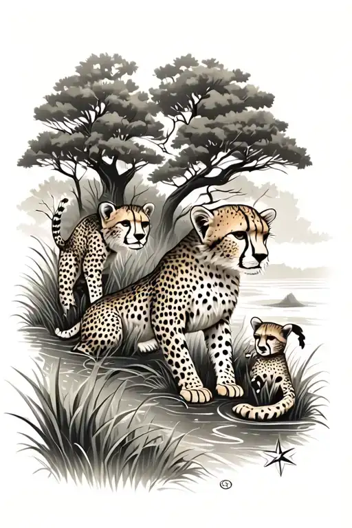 Cheetah Cubs Playing On Grass With Mama Cheetah River And Trees A Compass Ocean
