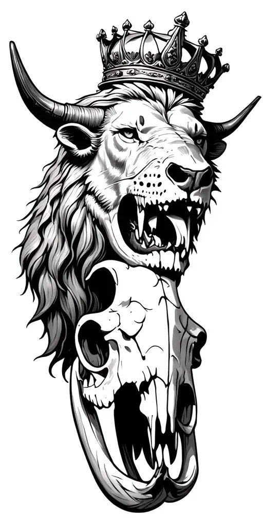 Crowned Lion Head Holding A Longhorn Skull In Its Teeth