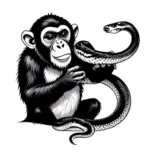 Japanese Monkey Playing With Snake