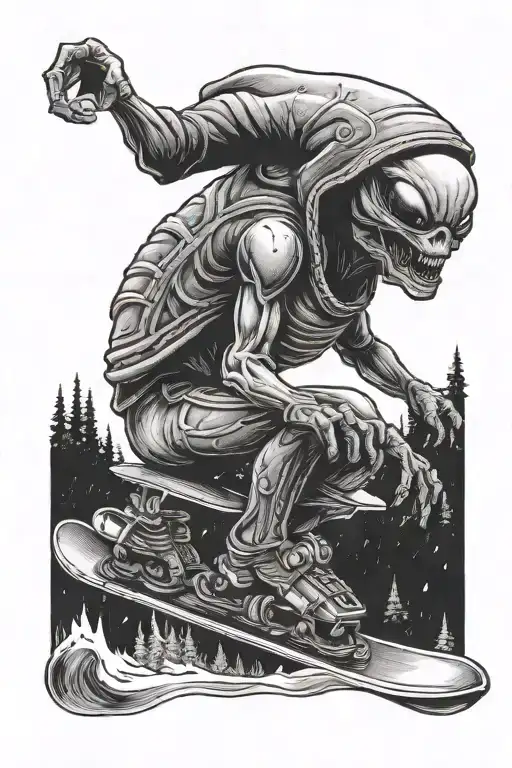 Alien Wearing A Beanie Riding A Snowboard