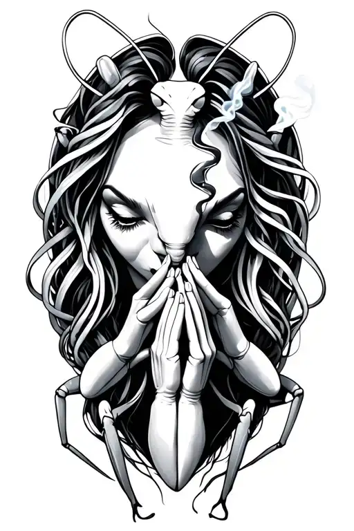 Feminine Praying Mantis Smoking A Joint Tattoo