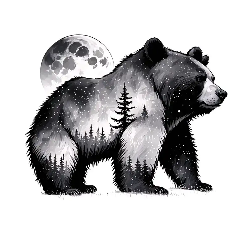 Abstract Sketch Of A Bear With Forest In The Background And Moon In The Sky