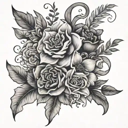 Bouqet Of Mixed Flowers Intertwined Black And White