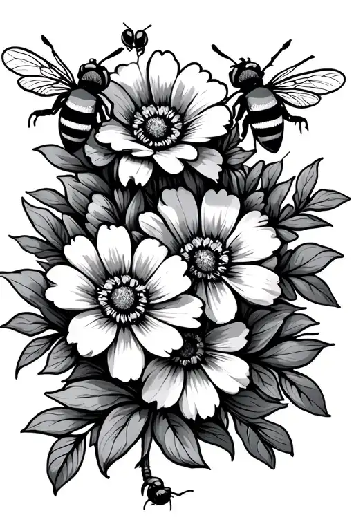 Ring Of Flowers With Cartoon Bees