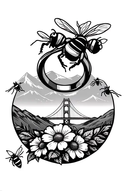 Ring Of Flowers With Cute Bees And Golden Gate Bridge In The Background With Mountains