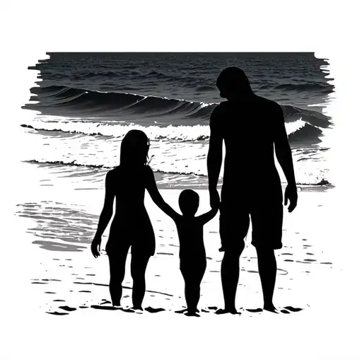 Family Silhoutte Mom Dad Son On Beach Scene