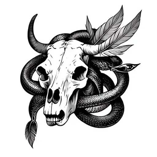 Cow Skull With Feathers And Serpent Wrapped