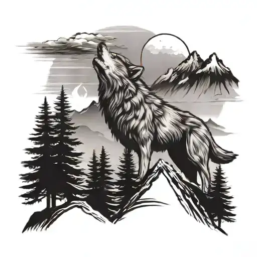 Mountains And Pine Trees And Wolf Howling