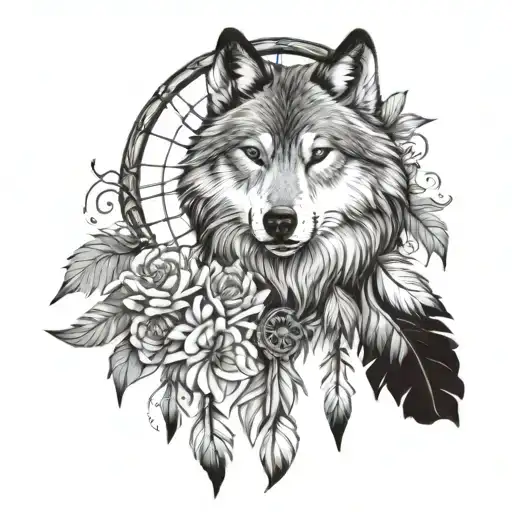 Wolf Dream Catcher With Flowers Blooming