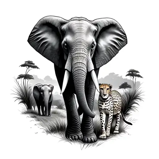 Elephant And Cheetah Walking Surrounded By Nature Scene