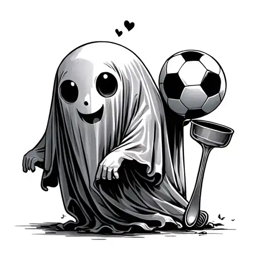 Two Cute Tiny Ghost One With A Soccer Ball And One With A Kitchen Ustensile