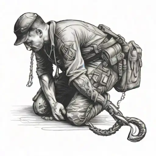 A Soldier Kneeling In Prayer With A Fish Hook Symbolizing Faith And Strength
