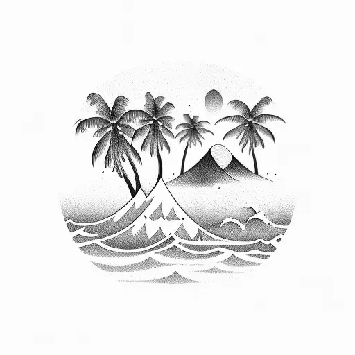 Palm Trees Three Little Birds Waves Two Mountain Peaks