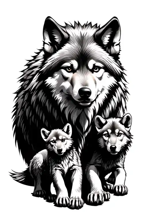 Fierce Wolf With Cubs