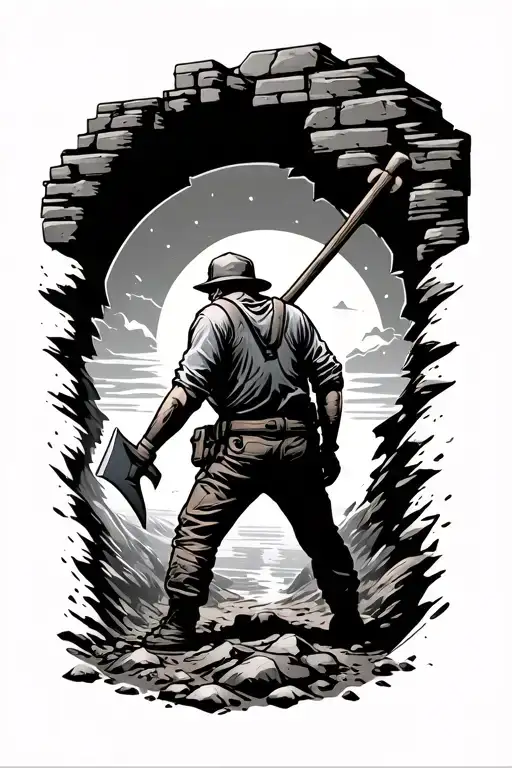 Miner Emerging From Mine With Pickaxe In Hand Facing Sunset