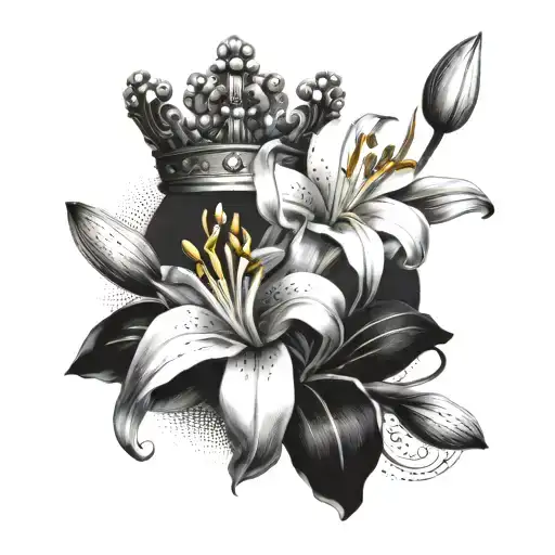 2 Lilly Flowers With A King Crown On Top And The Ocean As A Background