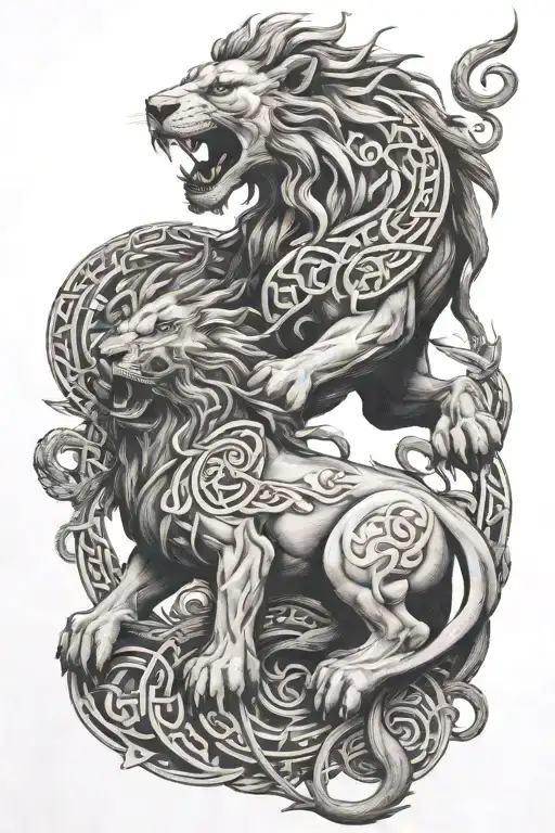 A Lion Fighting A Dragon With Celtic Runes