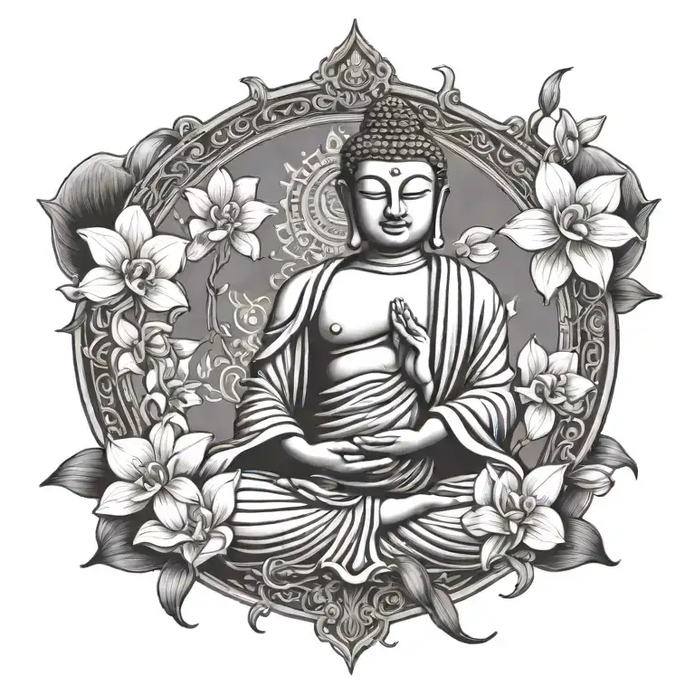 Buddha Meditating Figure Surrounded By Orchid Flowers