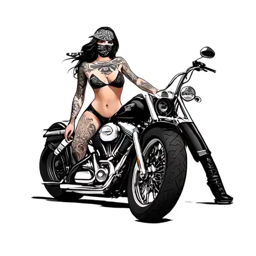 Sexy Biker Female Next To A Harley Motorcycle Wearing A Bandanna Over Her Face