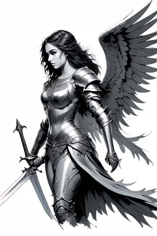 Female Angel Battle Worn Armor Holding A Sword
