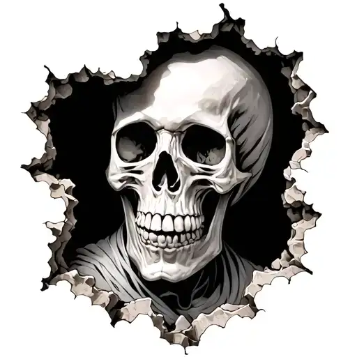 Skeleton Skull Peeking Through Hole In Skin