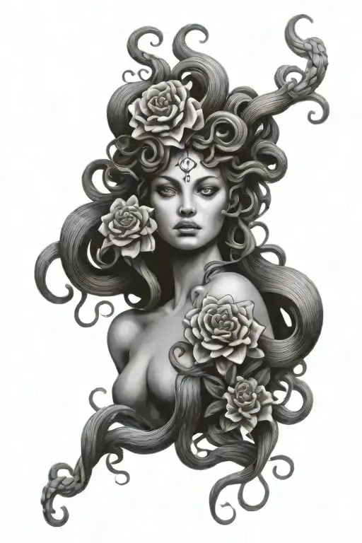 Feminine Medusa With Flowers Blooming