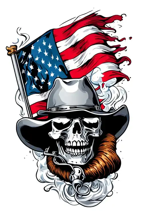 Cowboy Skull Smoking Gun With American Flag Waving