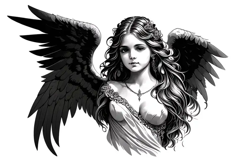 Tribal Style Tattoo With Angel Girl With Wings