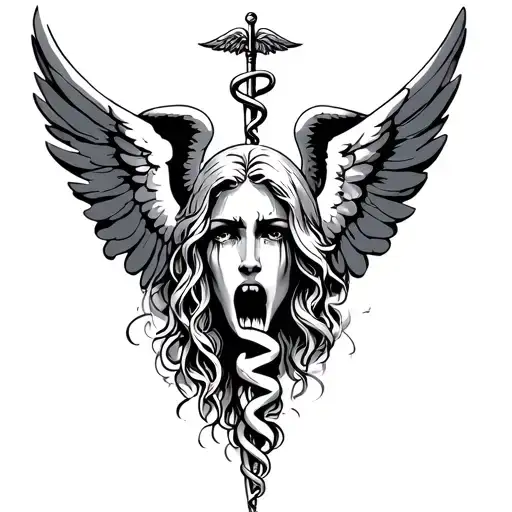 Crying Angel And Caduceus Symbol Combined Together