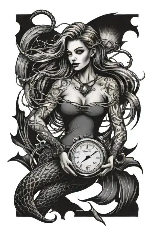 Mermaid Holding Stopwatch Barbed Wire