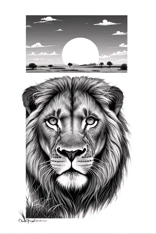 Lion Eyes And Savannah Landscape