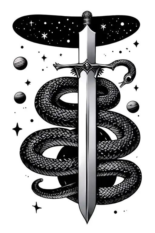 Sword With A Snake Wrapped Around It And Planets And Stars Surrounding