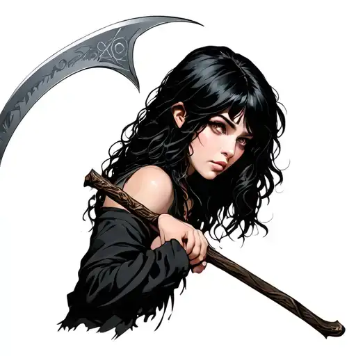 Girls With Black Hair Shoulder Length Holding A Scythe