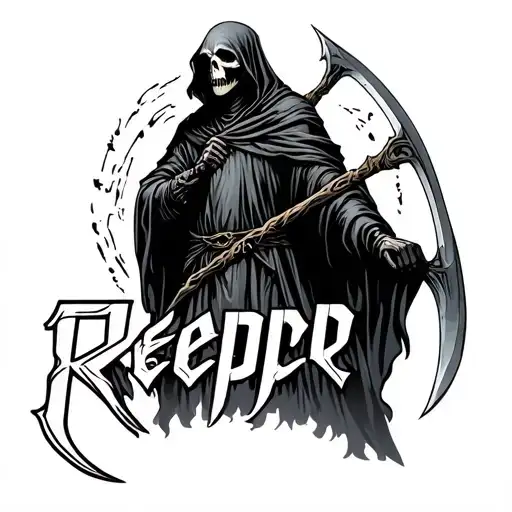 Grim Reaper Standing Holding A Scythe With The Word Reaper Above Him