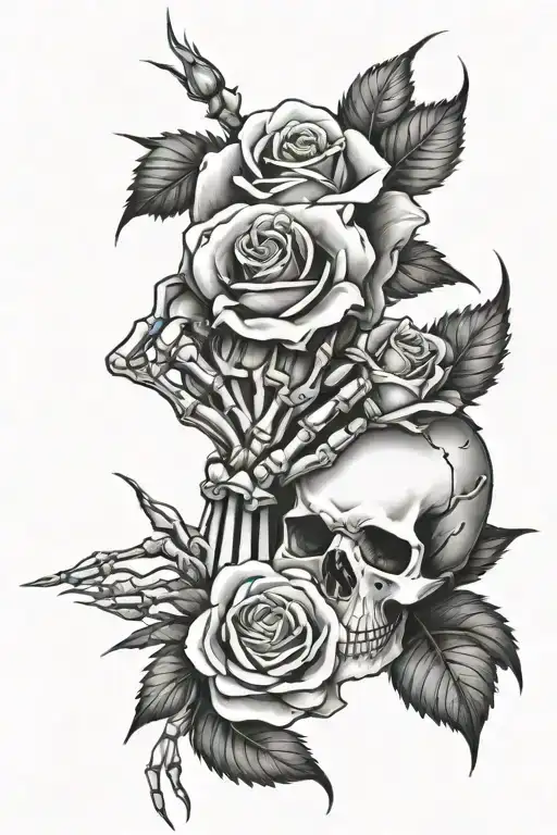 Skeleton Hand Holding Three Thorny White Roses