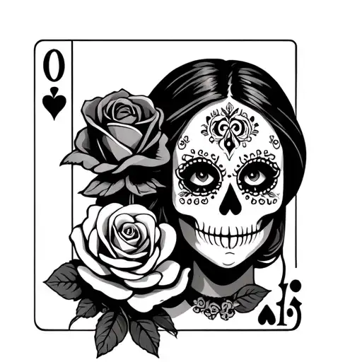 Day Of The Dead Woman Face Holding Ace Of Hearts Card With A Rose