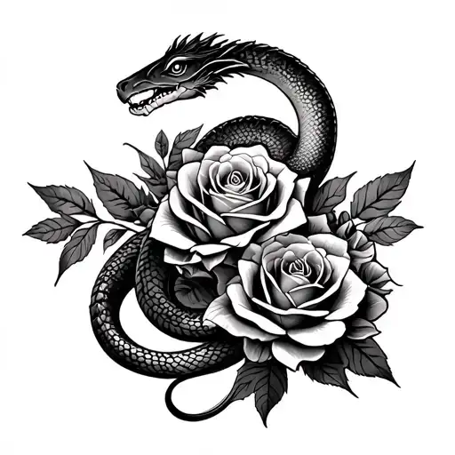 Roses And Basilisk Snake Intertwined