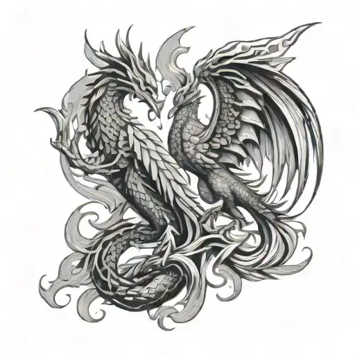Phoenix And Dragon Flying Together