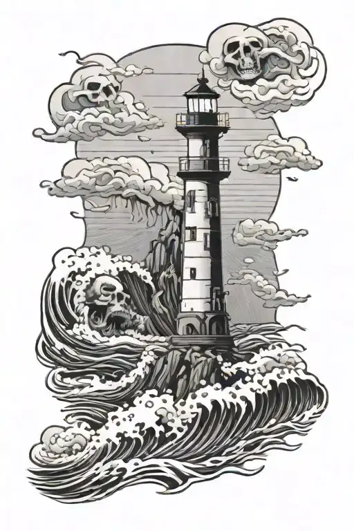 Lighthouse With Crashing Waves With Skulls In The Waves With Mountain Background
