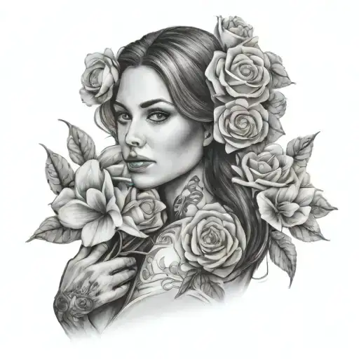 A Realistic Black And Grey Portrait Of A Mother Holding A Bouquet Of Her Favorite Flowers