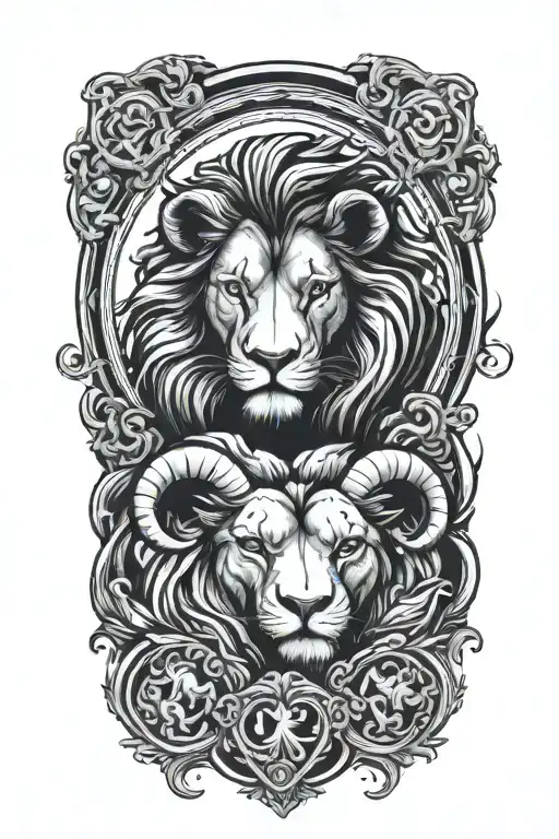 Lion And Ram In Love Inside A Moon Outline