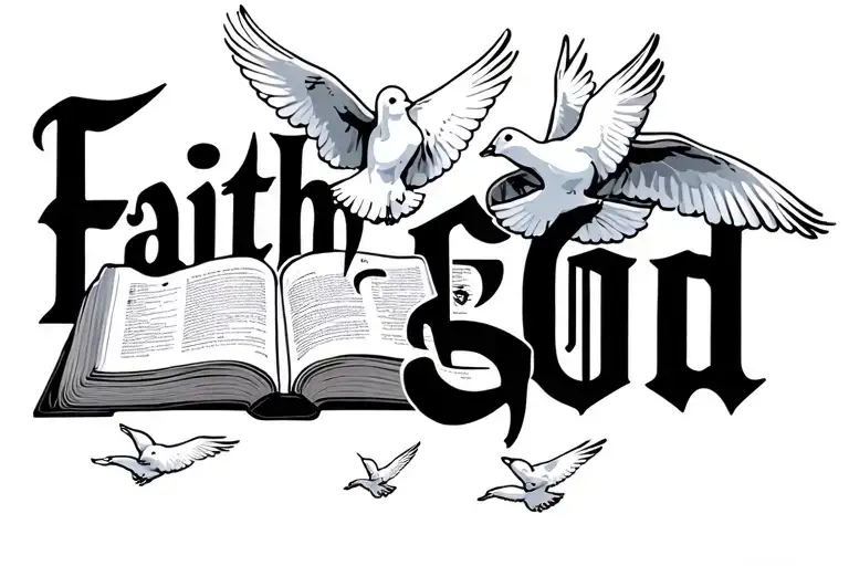 Faith In God Big Letters With Doves Flying And Holy Bible