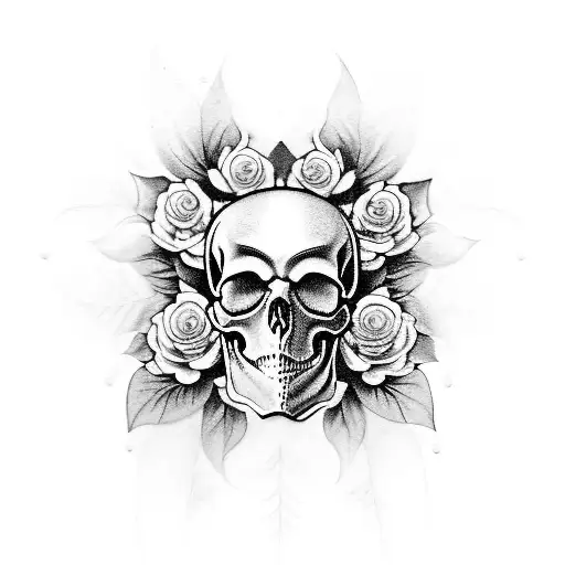 Black-grey Tattoo Of A Skull Surrounded By A Wreath Of Flowers