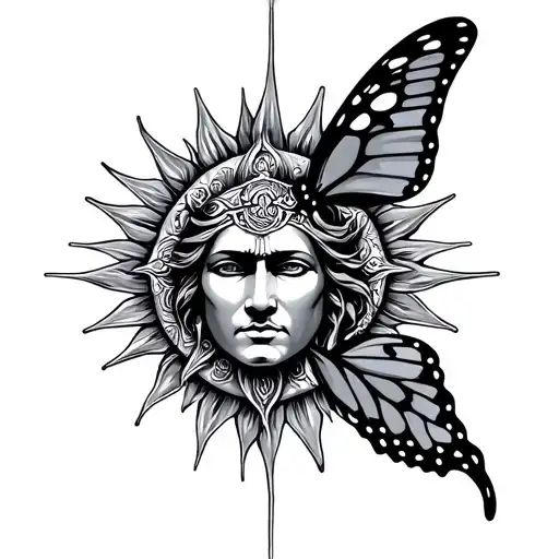 God Of Sun Apolon Face And Butterfly Flying