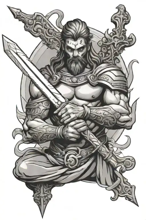 A God Is Holding Sword In Both Hand And The Sword Is Upside Down